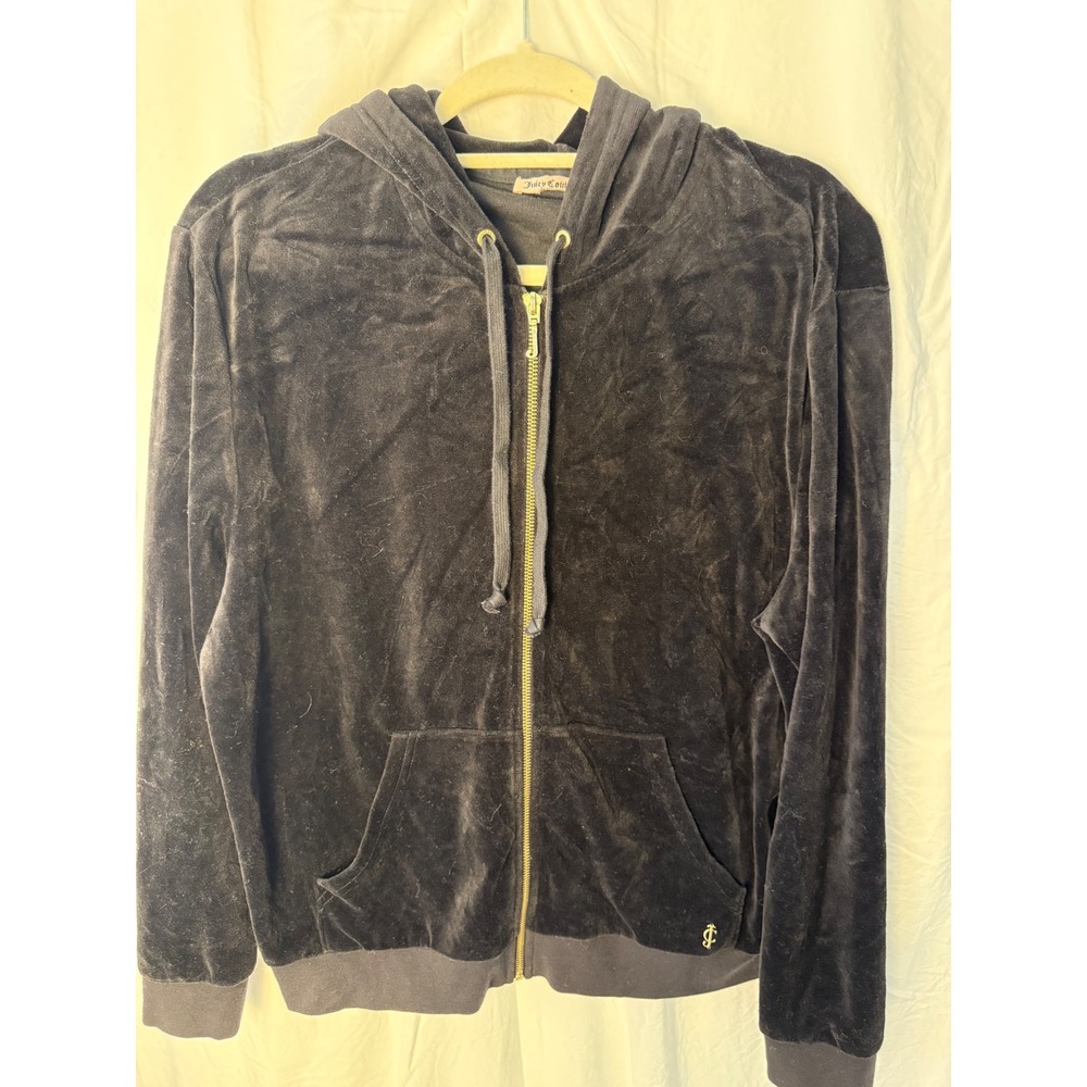 Juicy Couture Velour Full Zip Hoodie Jacket Women's Black Drawstring Pockets
